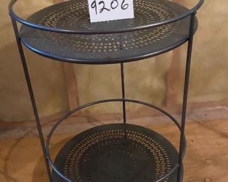 Lot 9206.  $75.00 Round Double Decker plant stand or Bar Cart, with two perforated shelves.	Excellent Condition. D x 24" T