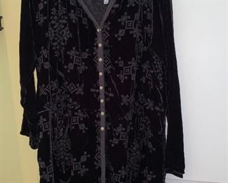 Lot 9137. $82.00  Adorable Black Pattern Embellished on Black Velour Coat Dress by Designer Johnny Was, Sz 8, Medium.  Rayon & Silk Blend Dress is in excellent condition and has pockets! - It can be worn with snaps closed as a dress, or opened as a "coat" over a lighter fabric.  Very Versatile and Slimming - Coat actually has a Hoodie!  Bought at Saks Fifth Avenue - looks good with slacks, too,  
