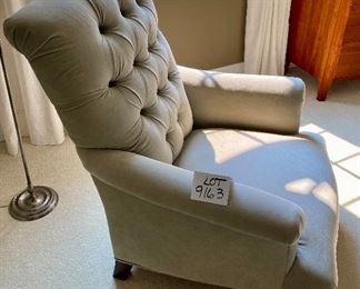 Lot 9163. $795.00. Pottery Barn chair by Mitchell Gold, tufted, velveteen chiar, Comps for similar start at $2,400.	29" W x 40" H x 334" Deep