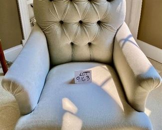 Lot 9163. $795.00. Pottery Barn chair by Mitchell Gold, tufted, velveteen chiar, Comps for similar start at $2,400.	29" W x 40" H x 334" Deep