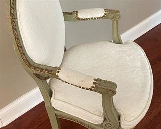 Lot 9167.  $85.00  Vintage wood framed side chair, green chic finish with cream colored upholstery.	38" T x 21.5" W x 18" D.   -- A regal looking chair that is practical and comfortable as well!