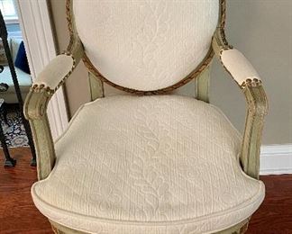 Lot 9167.  $85.00  Vintage wood framed side chair, green chic finish with cream colored upholstery.	38" T x 21.5" W x 18" D.   -- A regal looking chair that is practical and comfortable as well!