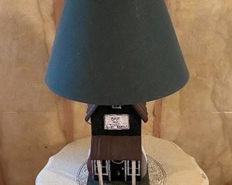 Lot 9204.  $75.00 Cute  Bait and Tackle Shop motif lamp.  So fun for your Up-North Cabin or your city family room with lake appeal.  Or to remind you of your wish list dream for retirement, lol!	28" T on an 8"x8" base