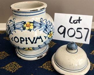 Lot 9057. $85.00 Vintage/Antique Apothecary covered jar, "Opium".  Made in Italy.	6.5" T x 4.5" diam.  Great vintage patina!!