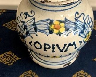 Lot 9057. $85.00 Vintage/Antique Apothecary covered jar, "Opium".  Made in Italy.	6.5" T x 4.5" diam.  Great vintage patina!!