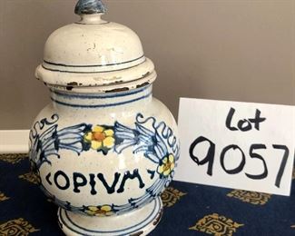 Lot 9057. $85.00 Vintage/Antique Apothecary covered jar, "Opium".  Made in Italy.	6.5" T x 4.5" diam.  Great vintage patina!!