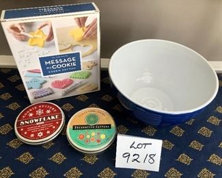 Lot 9218.  $65.00.   With the Holiday Season right around the corner, this lot of cookie baking items looks like so much fun.  Included are Le Piece de Resistance,  a Cobalt Blue Emile Henry Stoneware #6571 Stoneware mixing bowl from France, Message Cookie Kit with everything you need to make your own imprinted messages on each cookie; 2 tins of Cookie cutters from Williams Sonoma (Snowflakes, and plain round cutters) and to prepare the cookie dough.    I can smell the cookies already!!!  This model Stoneware Bowl alone generally sells for $75.00.