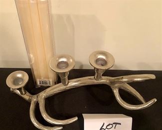 Lot 9221.  $65.00.  Pewter Antler candelabra  (14" W x 6.5"T) with a box of 6 tapers.  Nice!