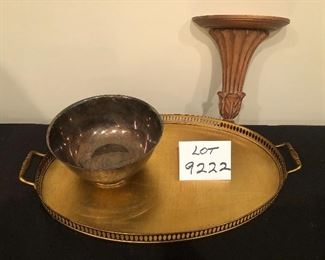 Lot 9222.  $65.00. This is a lot of 3 lovely, vintage decorative items: 1) a brass tray made for Exposures in Italy, measures 21" L x 12" W.  2) a silverplate  footed bowl (8" dia x 4"T) and 3) a carved wooden sconce shelf in a fan motif (8"W x 10"H).