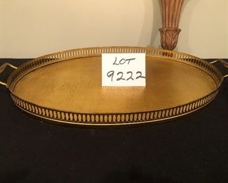 Lot 9222.  $65.00.This is a lot of 3 lovely, vintage decorative items: 1) a brass tray made for Exposures in Italy, measures 21" L x 12" W.  2) a silverplate  footed bowl (8" dia x 4"T) and 3) a carved wooden sconce shelf in a fan motif (8"W x 10"H).