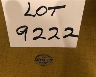 Lot 9222.  $65.00.This is a lot of 3 lovely, vintage decorative items: 1) a brass tray made for Exposures in Italy, measures 21" L x 12" W.  2) a silverplate  footed bowl (8" dia x 4"T) and 3) a carved wooden sconce shelf in a fan motif (8"W x 10"H).