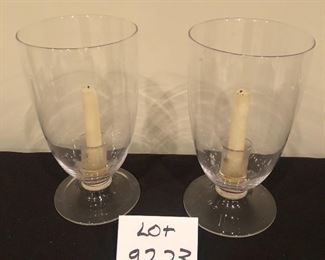 Lot 9223.  $50.00.  A pair of glass hurricane lamps 11" H x 6" W.