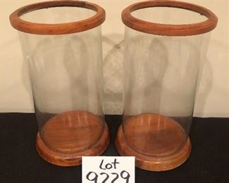 Lot 9229.  $60.00/pr.    Two Williams -Sonoma wood and glass hurricane candle holder. 12" H x 6.5" W.