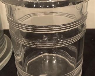 Lot 9230.  $55.00.  Apothecary jar (19.5"H x 6"W), 2 glass pots (5"H x 4"W), and 2 cobalt and white floral spheres (4.5" diam).