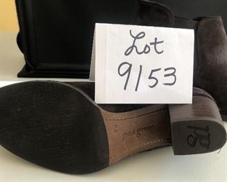 Lot 9153. $50.00. Here's another pair of leather ankle boots, this time by  Paul Green (sold at Nordstrom or similar stores).  These are marked 6.5, however they are made in Austria, look barely worn on the bottom, done in a brown sueded leather with about a 2.5" heel.  They are pull-ons with a tab in the back to pull on, and a comfy elastic panel on both sides of the boot to ease your foot into comfort.  All the rest of the owner's shoes are about a size 9B so perhaps this is the Euro equivalent.  T hey measure up to her other boots and shoes!!