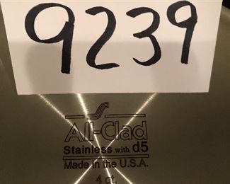 Lot 9239.  $150.00.  All-Clad 4 Qt. sauté pan with lid.  Some of the best cookware on the market - I like this pan size because you can make more than you might need and freeze or eat the leftovers for lunch.  Most sauteé pans are smaller.  