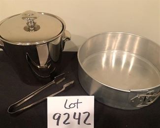 Lot 9242.  $45.00.  Pottery Barn Stainless steel ice bucket with tongs (6"H x 6"W) and a springform pan.  Why this pairing?  We have no excuse  haha!!
