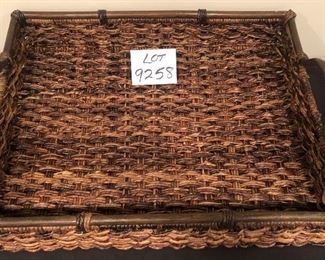 Lot 9258.   $48.00.  Open weave basket (17"W x 22" L x8" H) and a rectangular basket - tray style with handles 919"W x 24" L).