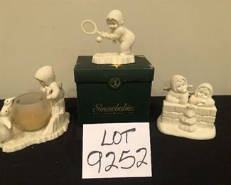 Lot 9252.  $48.00.  3 Snow Babies figurines from Dept 56: "Two Little Angels";" Candle with Penguins"; and "Served with Love".   Never too early to think of Christmas gifting and these sure would be great gifts!