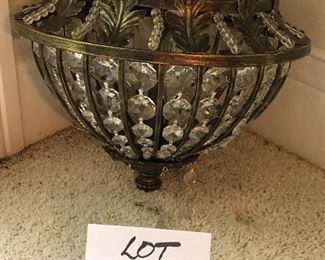 Lot 9254.  $50.00.  Lights of Distinction Classical crystal ceiling light.  Fixture has 3 lights, gold/black colors and antique brass accents. Fixture is 12" Diam and one foot tall!
