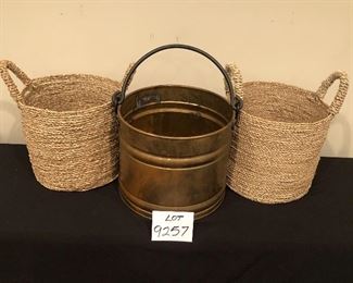 Lot 9257.  $59.00 all.  Copper bucket/planter (12.5"D x 10"T), plus 2 woven baskets with handles. (11"dia x 10" T).