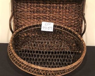 Lot 9258.   $48.00.  Open weave basket (17"W x 22" L x8" H) and a rectangular basket - tray style with handles 919"W x 24" L).  Unique looking weaves and stylish baskets!