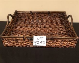 Lot 9258.   $48.00.  Open weave basket (17"W x 22" L x8" H) and a rectangular basket - tray style with handles 919"W x 24" L).  Unique looking weaves and stylish baskets!