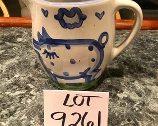 Lot 9261.  $38.00.  MA Hadley 2 Qt Pig Pitcher with "The End" on the inside bottom of the pitcher. (7.5"T x 6"D x 9.5" W).  Please be advised, Hadley fans, we have lots of lots of M.A. Hadley items here and would be delighted to combine the lots for further discounts.  Keep checkin' them out!