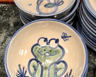 Lot 9265.  $395.00.  A beautiful set of MA Hadley dinnerware with extra dinner plates.  Set includes 14 -11" dinner plates; 11 - 8" salad plates, 8 - cup & saucer sets, 8 - 6.5" bowls and 3 small 5" bowls.  Take a look at the lovely photos , this is a very nice set of Hadley dinnerware.  Please be advised, Hadley fans, we have lots of lots of M.A. Hadley items here and would be delighted to combine the lots for further discounts.  Keep checkin' them out!