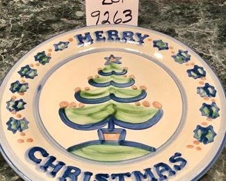 Lot 9263.   $68.00.  2 Platters from MA Hadley pottery both are 12" diameter one is "Merry Christmas" and the other, a Hadley styled "American Gothic".  Lot 9264.  $53.00.  2 MA Hadley candlesticks, a creamer and sugar set and a teapot that has a repaired spout.  (see pictures).