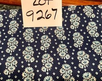 Lot 9267.   $75.00.  Pottery Barn blue print 100% cotton tablecloth (70" x 90"), 8 matching napkins and 8 coordinating, solid navy napkins from Williams Sonoma.