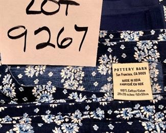 Lot 9267.   $75.00.  Pottery Barn blue print 100% cotton tablecloth (70" x 90"), 8 matching napkins and 8 coordinating, solid navy napkins from Williams Sonoma.