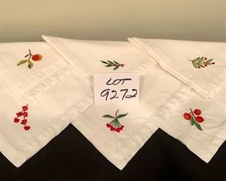 Lot 9272.  $18.00.  6 white dinner napkins with embroidered fruit by Crate & Barrel.