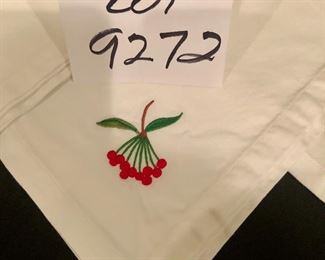 Lot 9272.  $18.00.  6 white dinner napkins with embroidered fruit by Crate & Barrel.