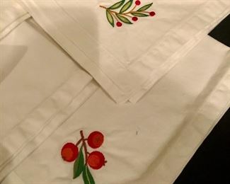 Lot 9272.  $18.00.  6 white dinner napkins with embroidered fruit by Crate & Barrel.