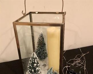 Lot 9278.  $45.00.  West Elm Hurricane lantern with Christmas trees, snow and rice lights and candle.