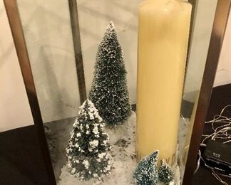 Lot 9278.  $45.00.  West Elm Hurricane lantern with Christmas trees, snow and rice lights and candle.