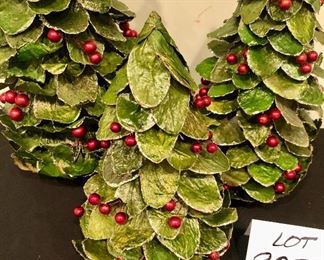 Lot 9284.  $115.00.  3 - Gorgeous, tabletop Christmas trees, accented in red and gold and in three different sizes ( 22"H x 9"W; 16"H x 7"W, and 11"H x 7"W).