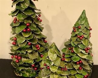 Lot 9284.  $115.00.  3 - Gorgeous, tabletop Christmas trees, accented in red and gold and in three different sizes ( 22"H x 9"W; 16"H x 7"W, and 11"H x 7"W).