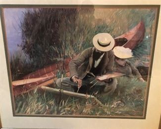 Lot  9292.  $ 125.00    Unsigned print in gorgeous colors, depicting an artist painting, while his sweetheart takes a nap on their canoe.  It's a sweet image, framed in a quality, gold tone frame.  This piece of art is 42" W x 36"T (framed measurement).