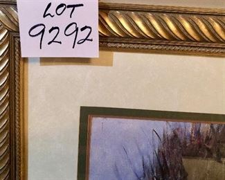 Lot  9292.  $ 125.00    Unsigned print in gorgeous colors, depicting an artist painting, while his sweetheart takes a nap on their conoe.  It's a sweet image, framed in a quality, gold tone frame.  This piece of art is 42" W x 36"T (framed measurement).