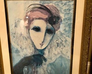 Lot 9294.   $80.00.  This unsigned art is framed to match the Barbara A Wood piece and is the same size (27"W x 33"T).  The two artworks compliment one another.