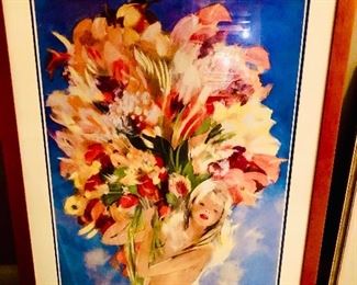 Lot 9299.  $120.00. Framed Monte  Poster 32"W x 47.5" H.  Interesting French image of Jean Gabriel Domergue's now iconic nude flower girl that was created as a travel poster for Monte Carlo, c. late 1940's-1950's.  The French painter (1889-1962 ) specialized in portraits of Parisian women, many nude hiding beside or behind something like this one, and he claims to have been the self-proclaimed "inventor of the pin-up" - i.e. he also painted Brigitte Bardot.  