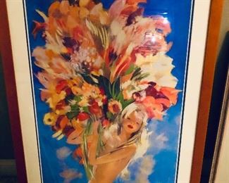 Lot 9299.  $120.00. Framed Monte  Poster 32"W x 47.5" H.  Interesting French image of Jean Gabriel Domergue's now iconic nude flower girl that was created as a travel poster for Monte Carlo, c. late 1940's-1950's.  French painter (1889-1962 ) specialized in portraits of Parisian women, many nude hiding beside or behind something like this one, and he claims to have been the self-proclaimed "inventor of the pin-up" - i.e. he also painted Brigitte Bardot.  