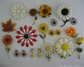 Bright Floral Brooch and Clip On Earrings Lot