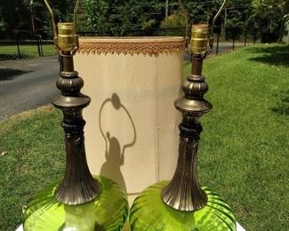 Pair Green Glass and Brass Lamps