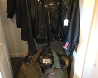 Harley Davidson leather motorcycle jacket and F.A.T goose jacket