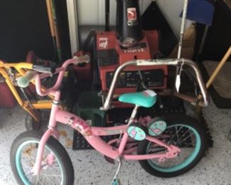 Girls bike, toro snowblower, gas edger , gas weed trimmer , leaf blower
