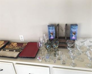 serving trays, wine and martini glasses