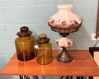 Singer Sewing Table, Glass Jar set and Painted Hurricane Lamp